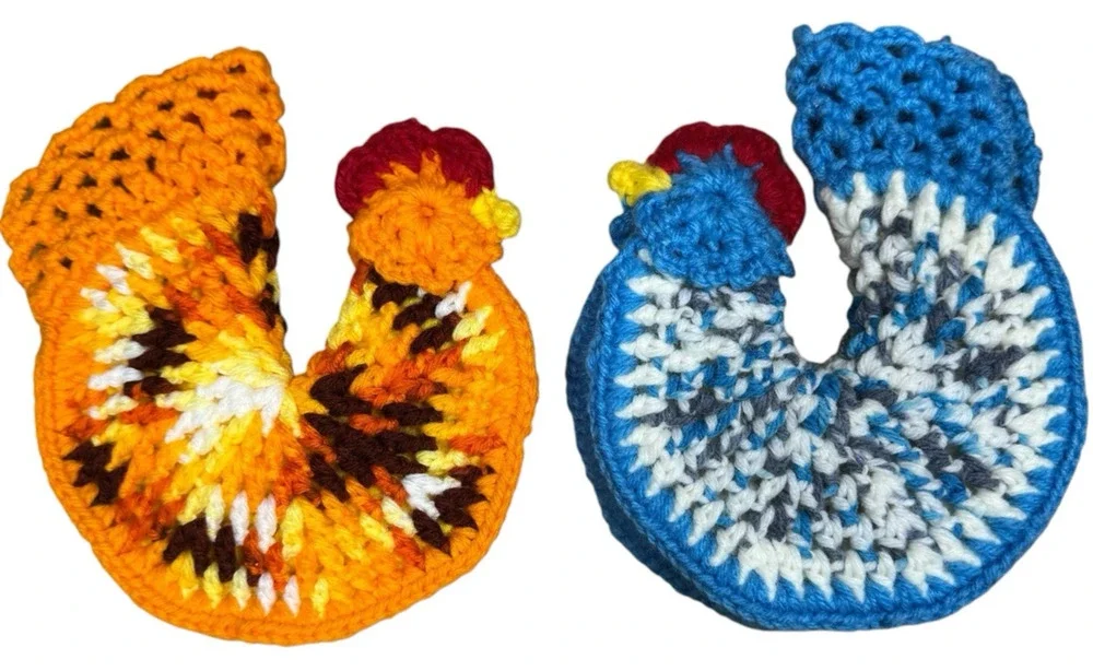 Handmade Crochet Chicken Pot Holders Set Rooster Hen Hot Pads Farmhouse Kitchen